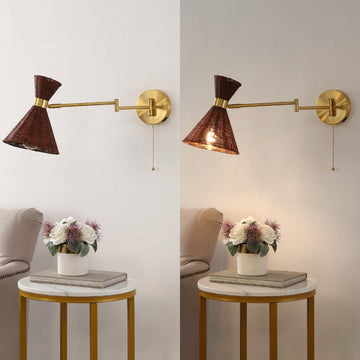 Lily 25" 1-Light Mid-Century Vintage Retro Rattan/Metal USB Charging Swing Arm LED Sconce with Pull Chain - JONATHAN Y